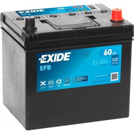 Batteri Exide EFB 60Ah 520A 230x173x222 - +