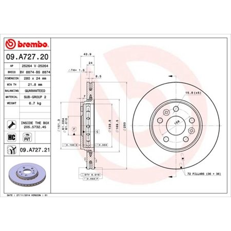 09.A727.21 Brake Disc BREMBO