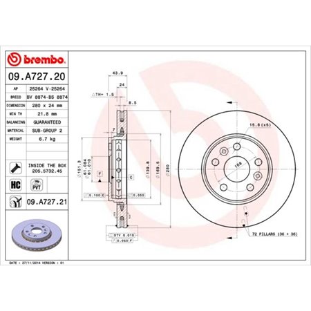09.A727.21 Тормозной диск BREMBO