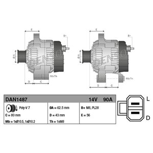 DAN1487 Generaator (14V, 90A) sobib: ISUZU D MAX I, D MAX II 2.5D/3.0D 10
