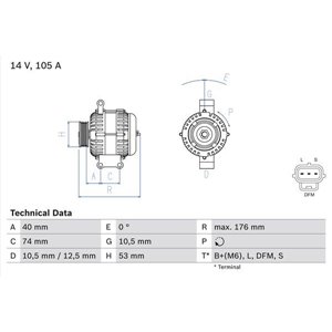 0 986 042 790 Alternator (14V, 105A) fits: FORD TRANSIT 2.0D 08.00 05.06