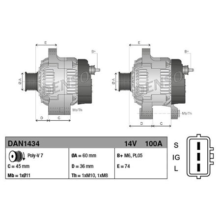 DAN1434 Alternator (14V, 100A) fits: TOYOTA AVENSIS, RAV 4 II 2.0 05.00 1