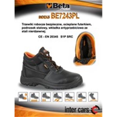 BETA BE7243PL/43 - BETA Skyddsskor BASIC, storlek: 43, säkerhetskategori: S1P, SRC, material: läder, färg: svart, skonäsa: st