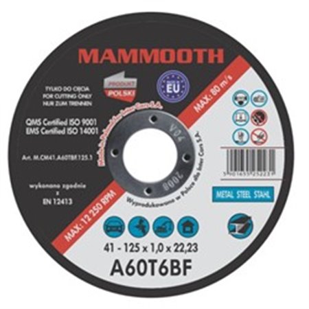 MAMMOOTH M.CM41.A60TBF.125.1/B - Skiva för rak skärning, 25st, 125mm x 1mm, A60T6BF, avsedd användning: metall / stål